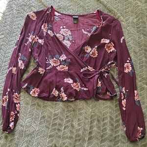 Wild Fable Floral Wrap Blouse - Burgundy and Pink